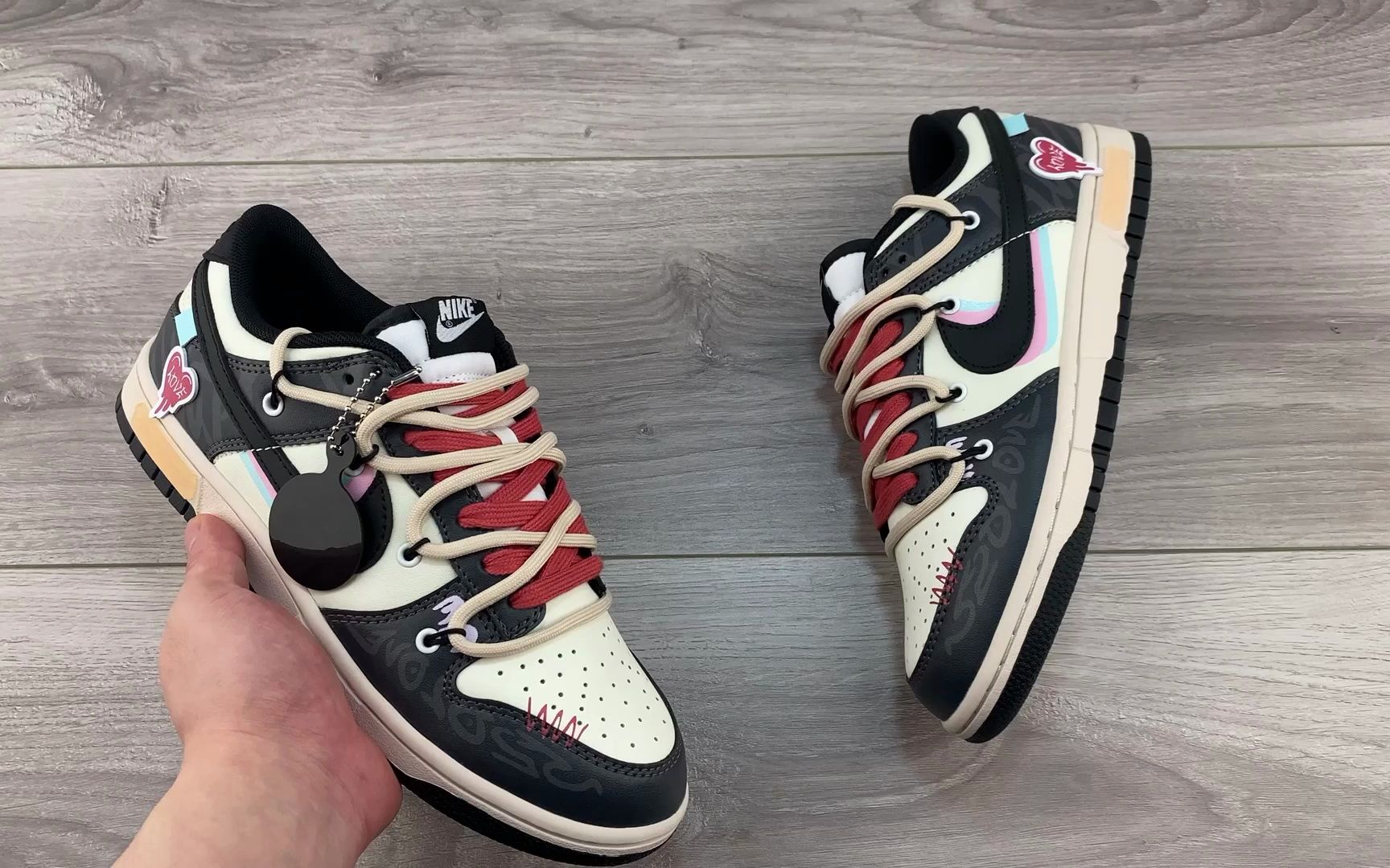 nike sb dunk low 熊猫黑白蓝 爱的艺术解构抽绳鞋带休闲运动鞋男女