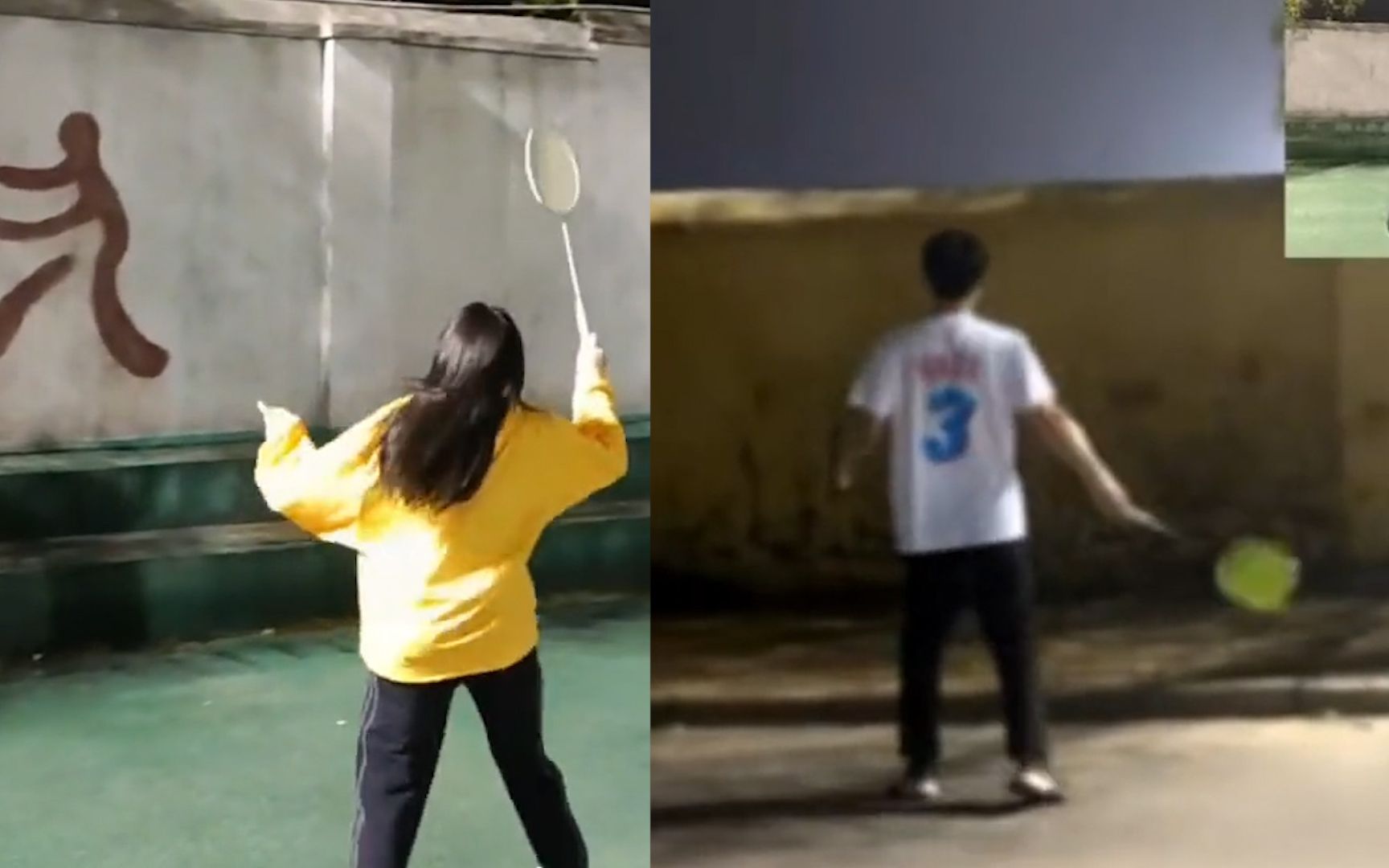 女大学生隔围墙盲打羽毛球八卦网友一看对手背影爱情不就来了