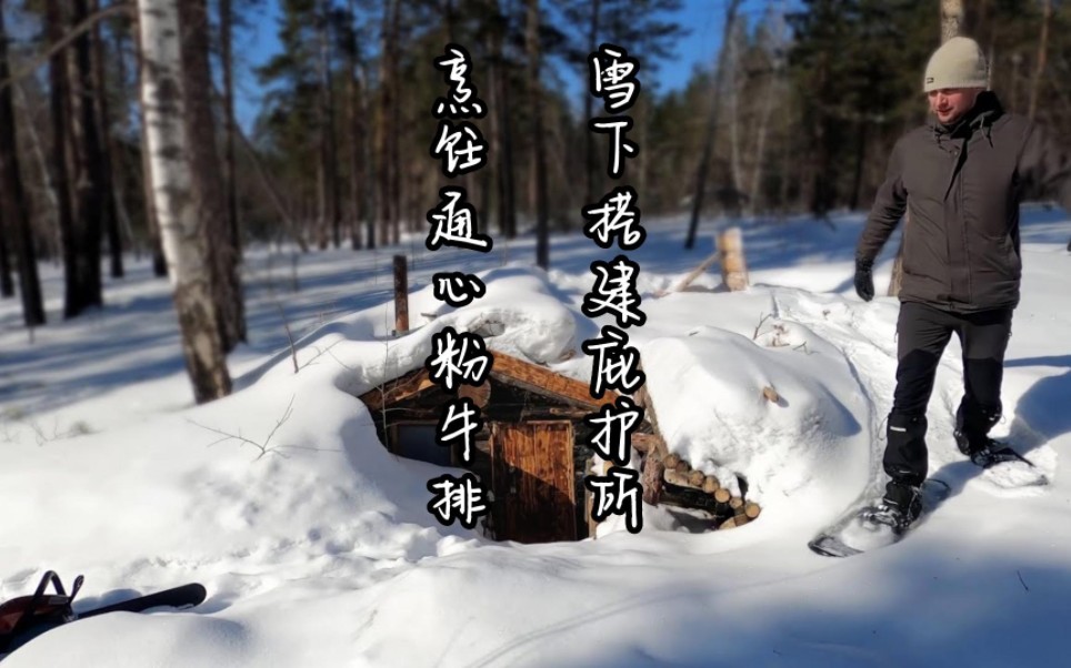 [图]雪地下搭建庇护所，秘密房间里烹饪通心粉奶酪和牛排，一顿美味的晚餐使夜晚都变得明亮起来～#荒野求生 #野外生活纪录片 #徒手建造房屋 #野外建造 #解压