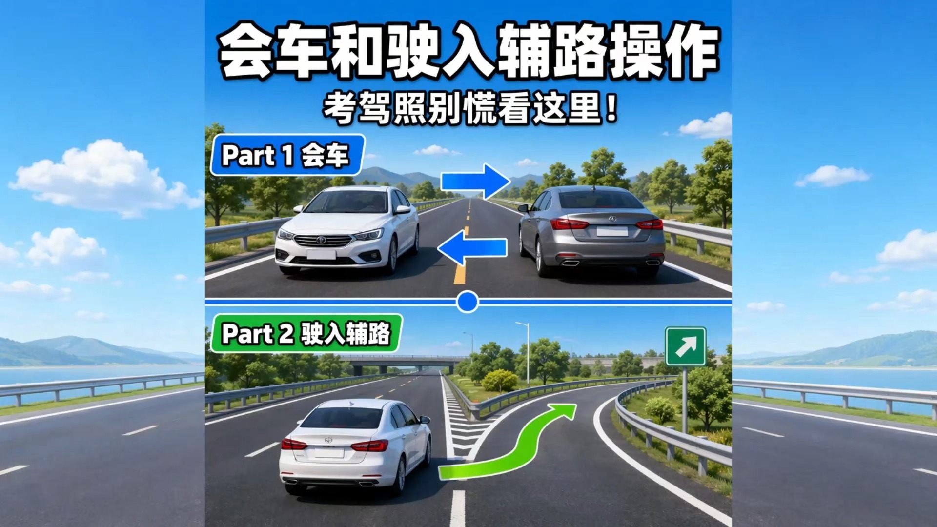 会车和驶入辅路操作，科目三考试看这里！