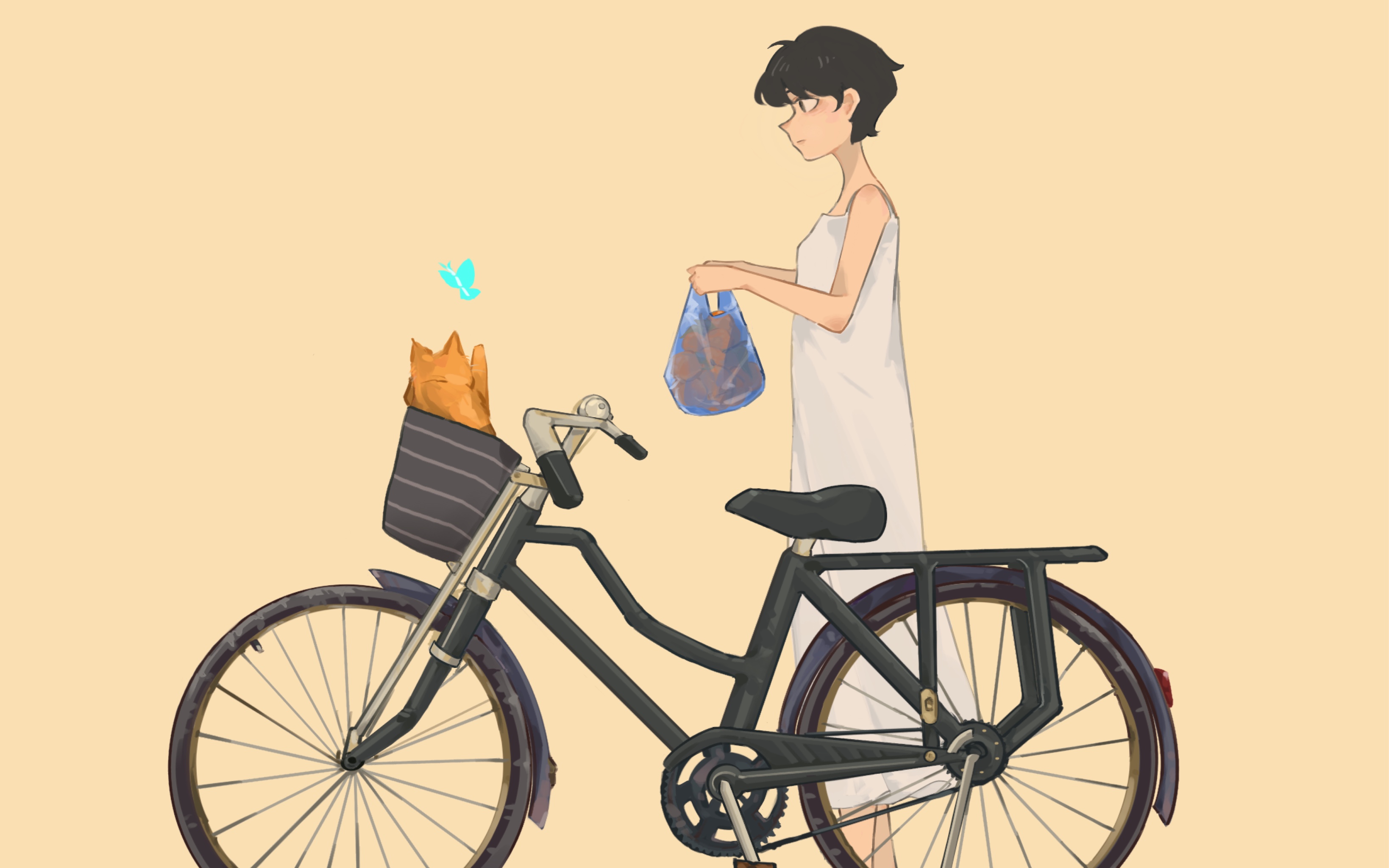 买橘子的女孩和自行车和猫猫
