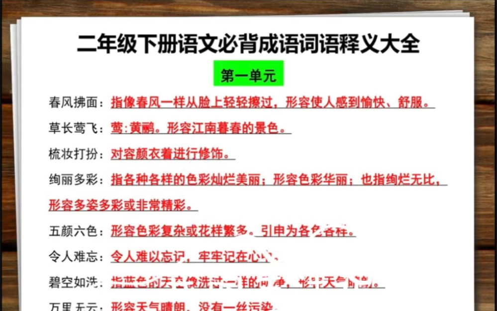 [图]二年级下册语文必背成语释义汇总‼️。1-8单元全册必背成语及释义，有空白电子版可打印练习