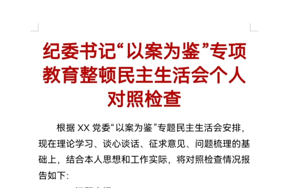 纪委书记“以案为鉴”专项教育整顿民主生活会个人对照检查哔哩哔哩bilibili