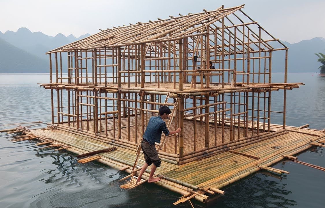 【水上建造】独自建造一座漂浮的竹屋|顶部框架即将准备就绪