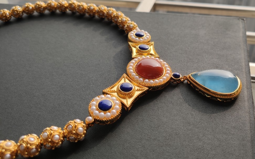 【甜橙开箱】云水光中 李静训项链 蜻蜓眼多宝璎珞 纯银镀金 镶海蓝宝