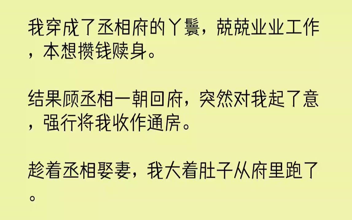 [图]【完结文】我穿成了丞相府的丫鬟，兢兢业业工作，本想攒钱赎身。结果顾丞相一朝回府，突然对我起了意，强行将我收作通房。趁着丞相娶妻，我大着肚子从府里跑了。六年后我重