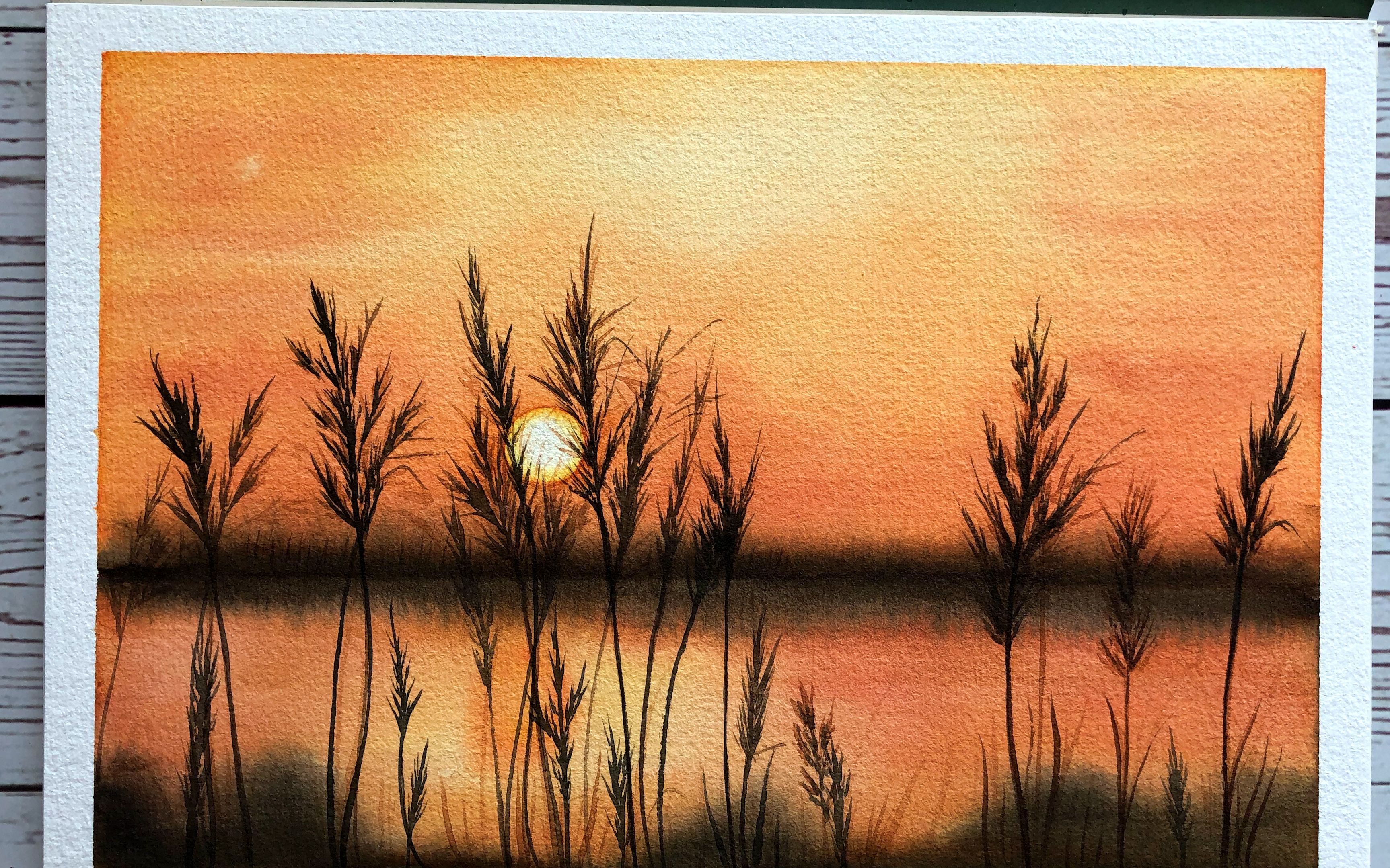 水彩画渐变夕阳图片图片