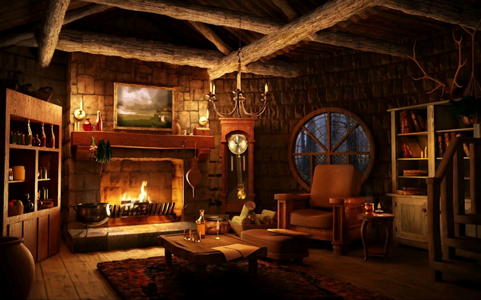 【环境音/白噪音】2小时 夜雨和壁炉钟摆 温馨小屋氛围声