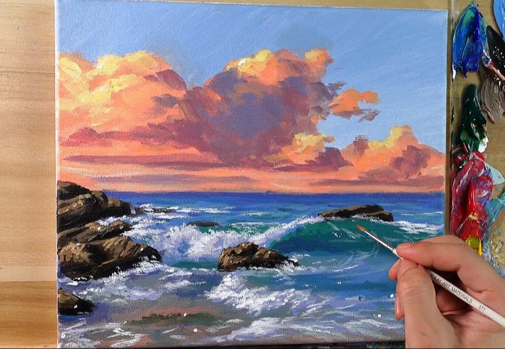 【丙烯画】【绘画教程】【中字】海边粉色的云How to Paint Pink Clouds Seascape Correa Art哔哩哔哩bilibili