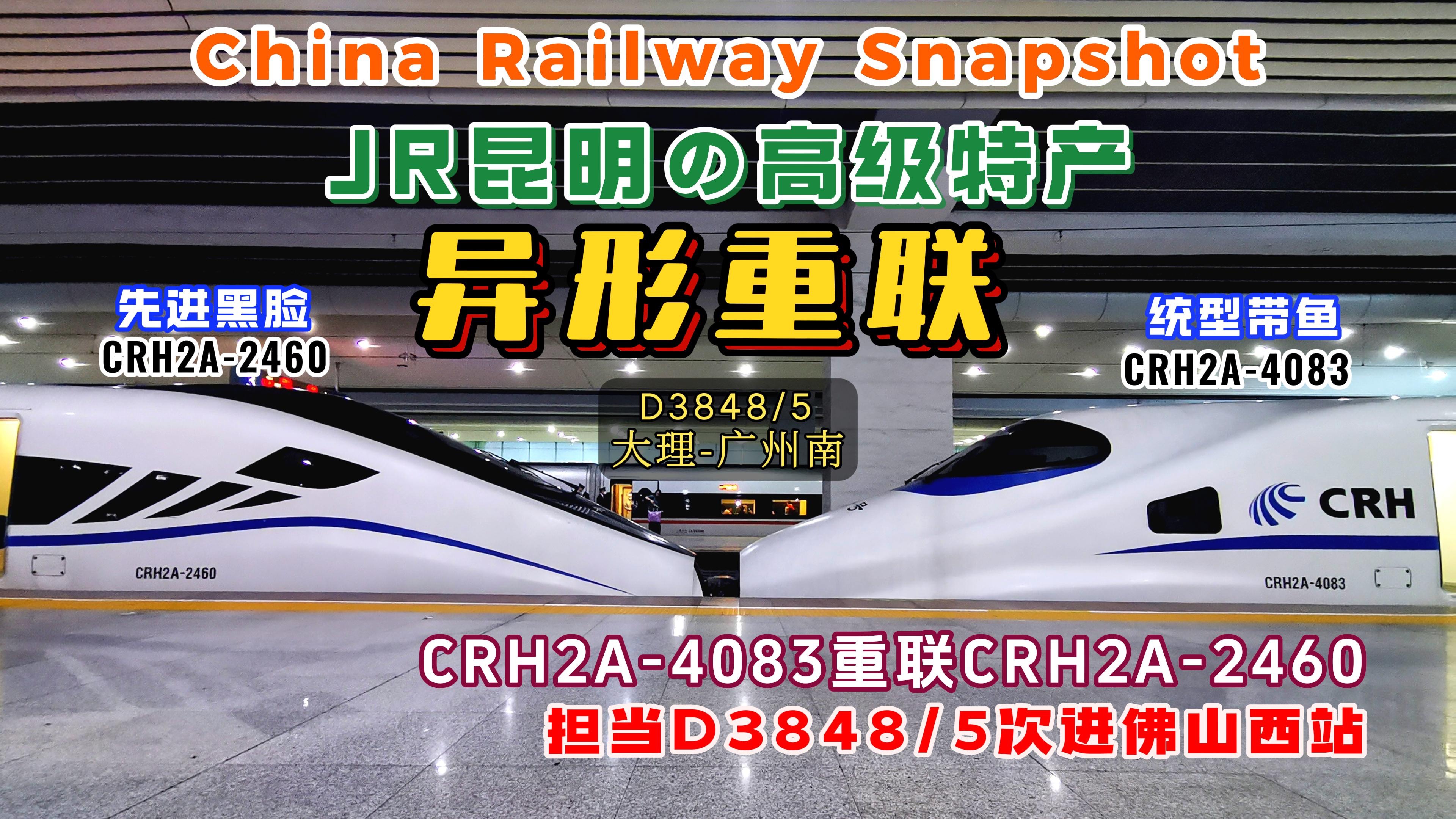 【中国铁路】异形重联来袭!昆局“先进黑脸”CRH2A2460与统型带鱼CRH2A4083重联担当D3848/5次(大理广州南)进佛山西站10站台哔哩哔哩bilibili