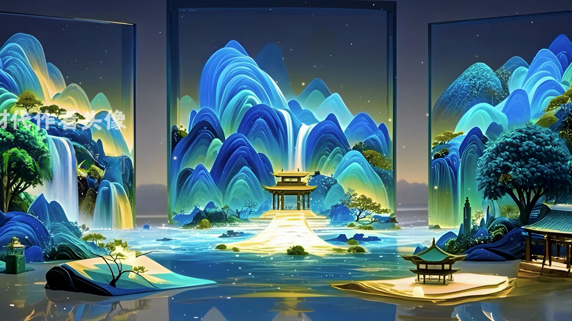 520蓝色唯美梦幻玻璃屏风舞台场景背景夜色古代武侠燕无歇古色古香