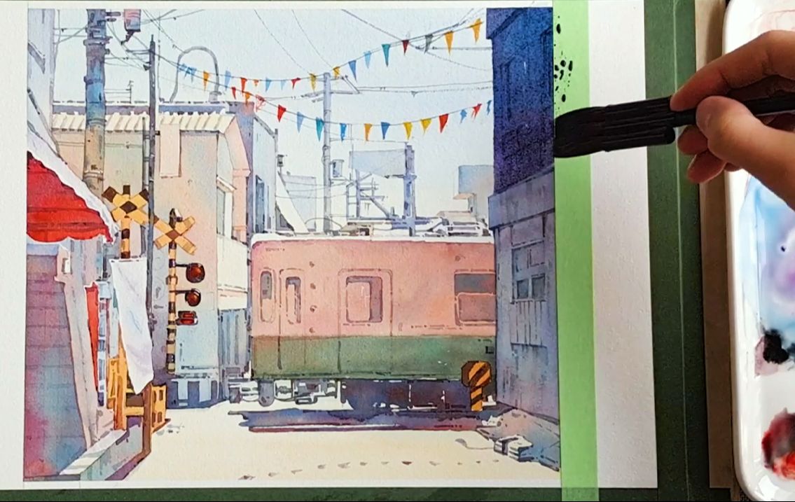 【水彩教程】日系街道绘画过程分享,一学就会的水彩风景画!