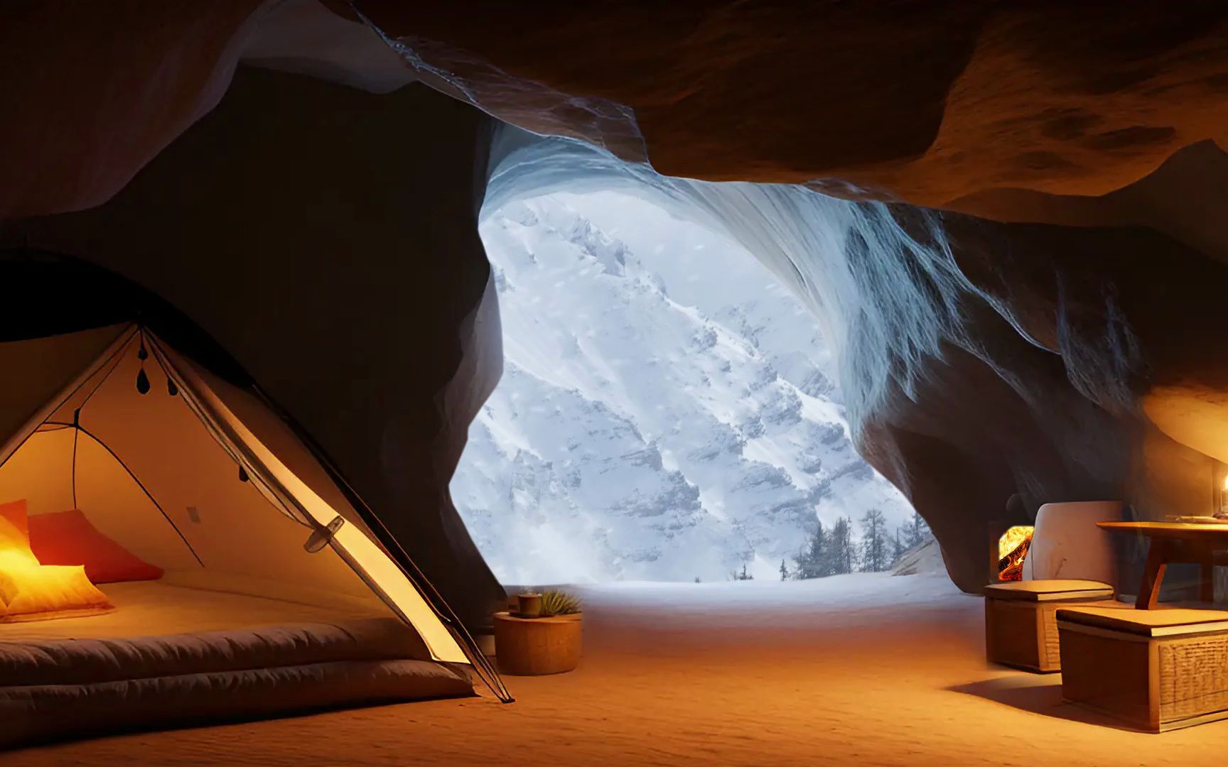 暴风雪天,躲在一个舒适的山洞,帐篷,篝火,和强烈的风雪
