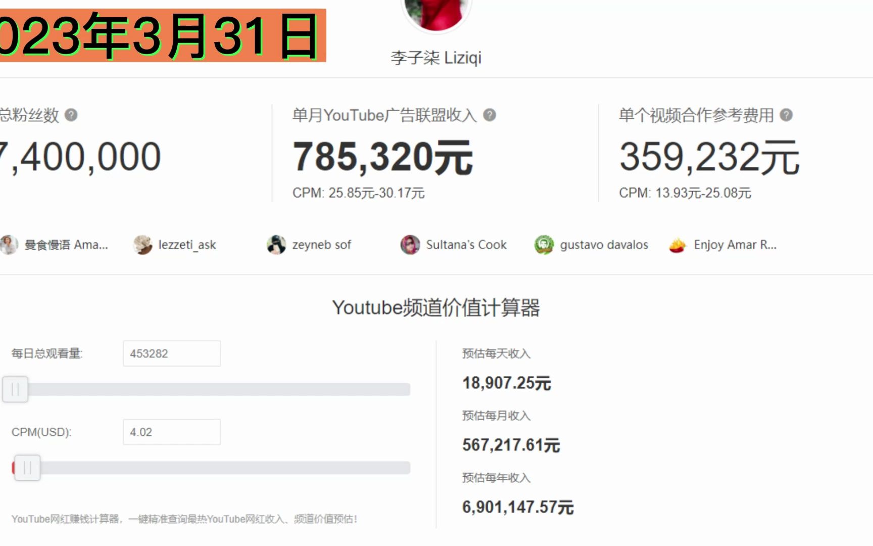 李子柒YouTube频道今日预估收入18907.25元,最近一个月预估收入为567217.61元哔哩哔哩bilibili