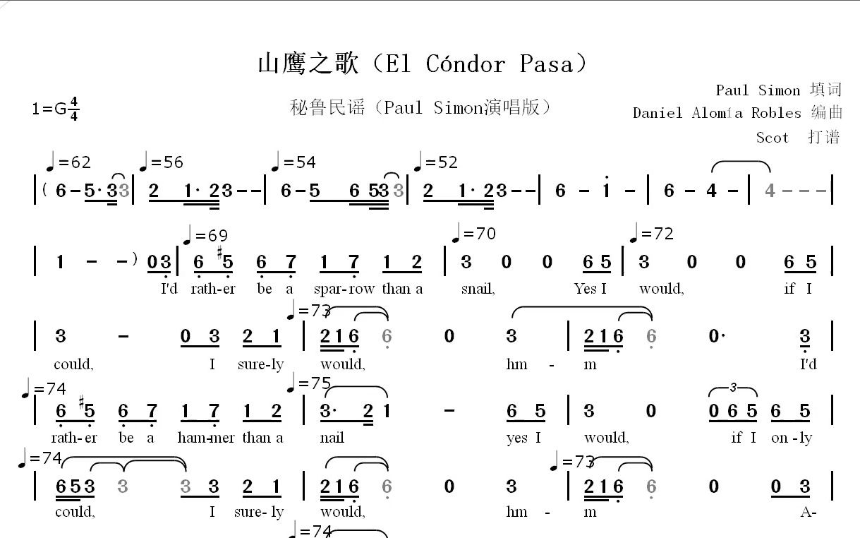 山鹰之歌(El C㳮dor Pasa)Paul Simon演唱动态简谱哔哩哔哩bilibili