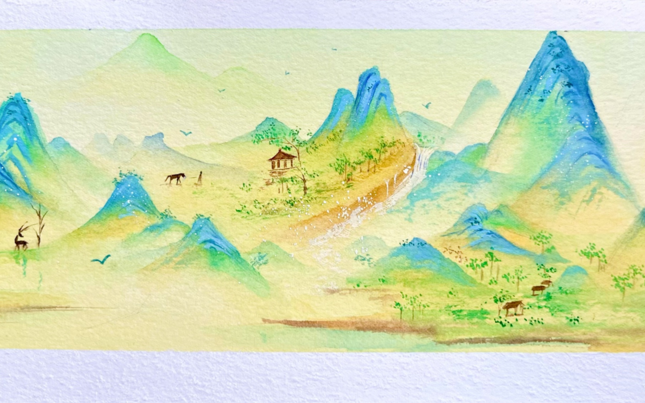 活动作品水彩国风青绿山水课程