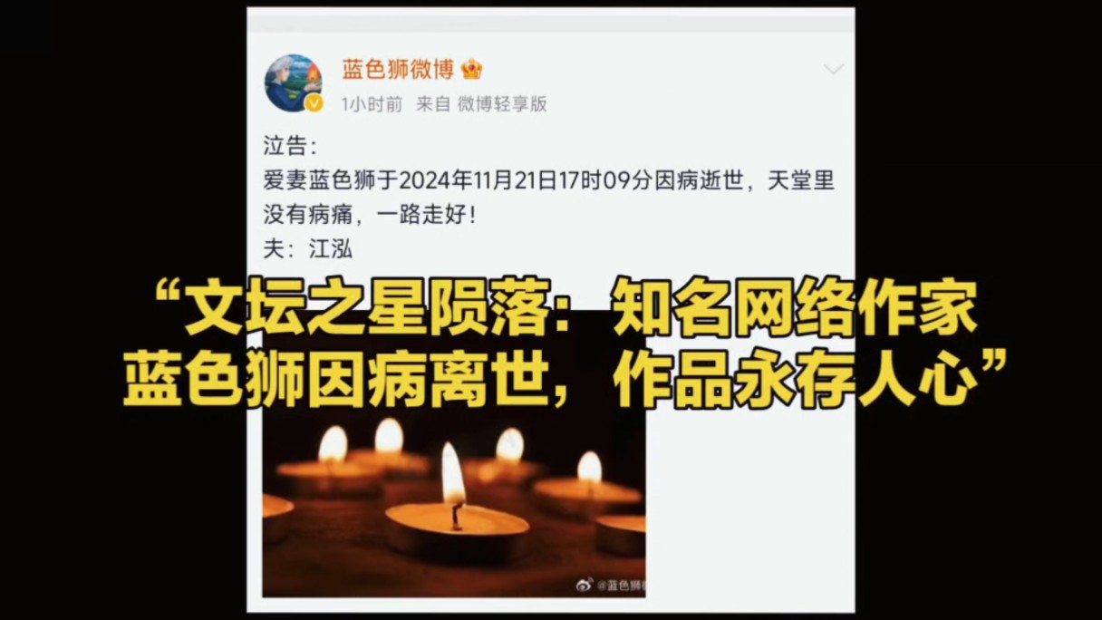 “文坛之星陨落:知名网络作家蓝色狮因病离世,作品永存人心”哔哩哔哩bilibili