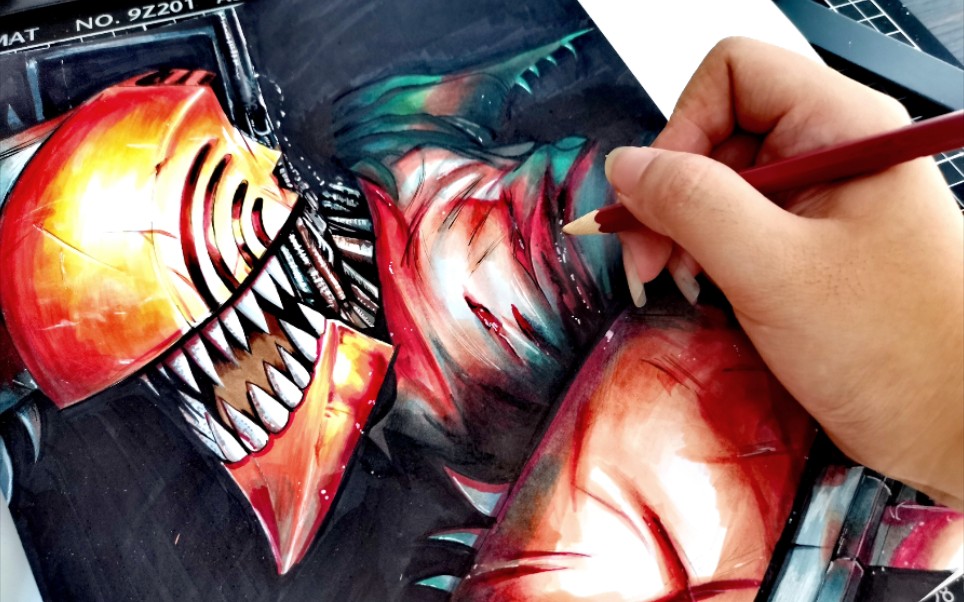 【电锯人】手绘全过程,六个小时临摹一张电次_哔哩哔哩_bilibili