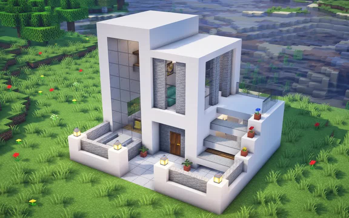 【我的世界】建筑教学:如何建造简约的小型现代别墅-晚微520-建筑