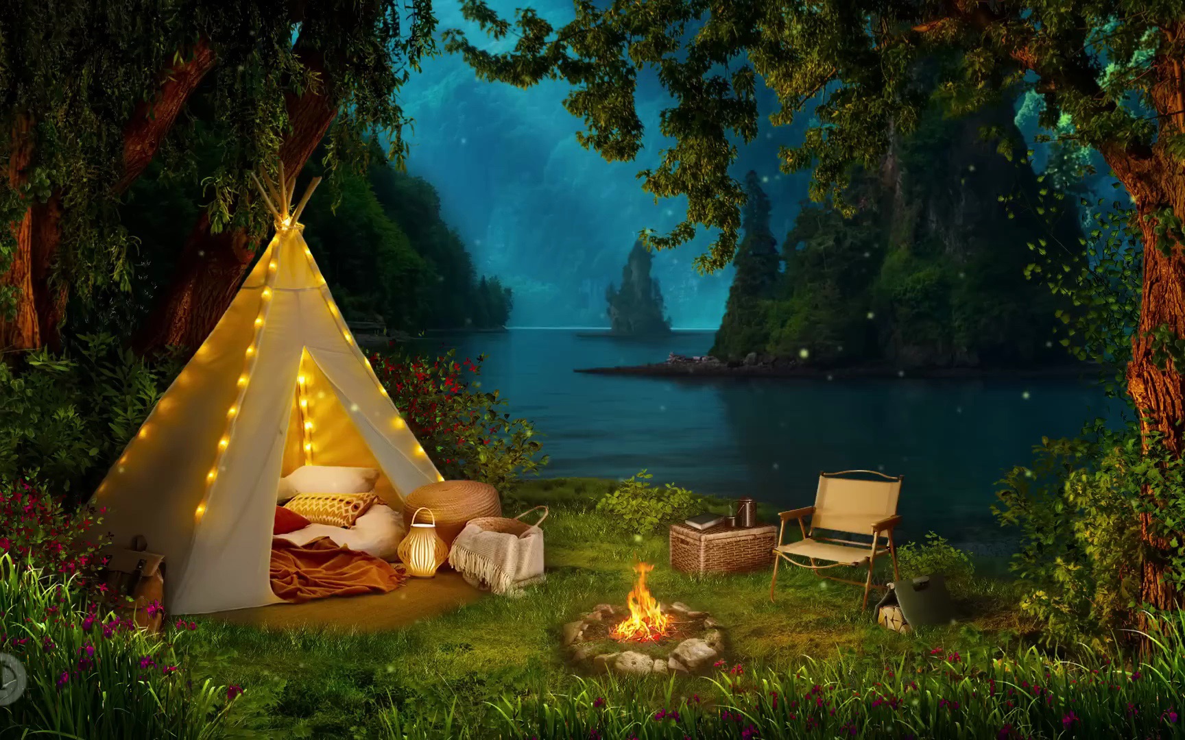 在湖边搭帐篷,享受舒适的野营 | 7215篝火,猫头鹰,水流声 | 1080p