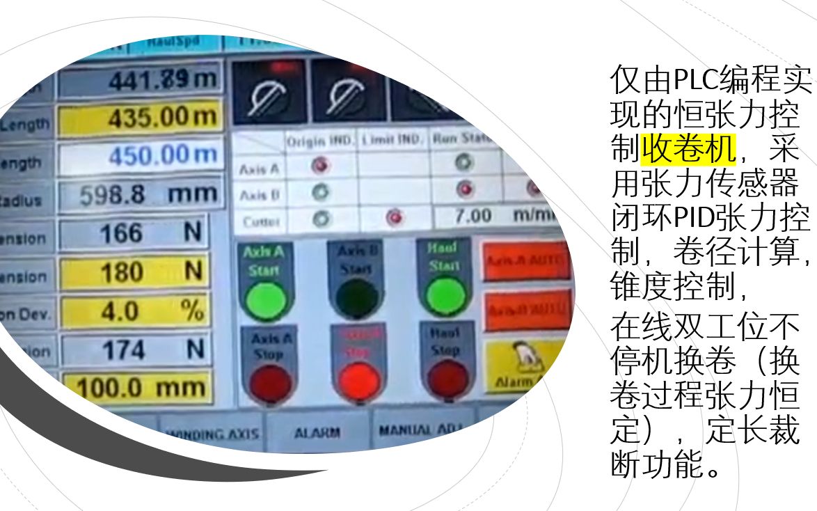 仅由PLC编程实现的恒张力控制收卷机,采用张力传感器闭环PID张力控制,卷径计算,锥度控制,在线双工位不停机换卷(换卷过程张力恒定),定长裁断...