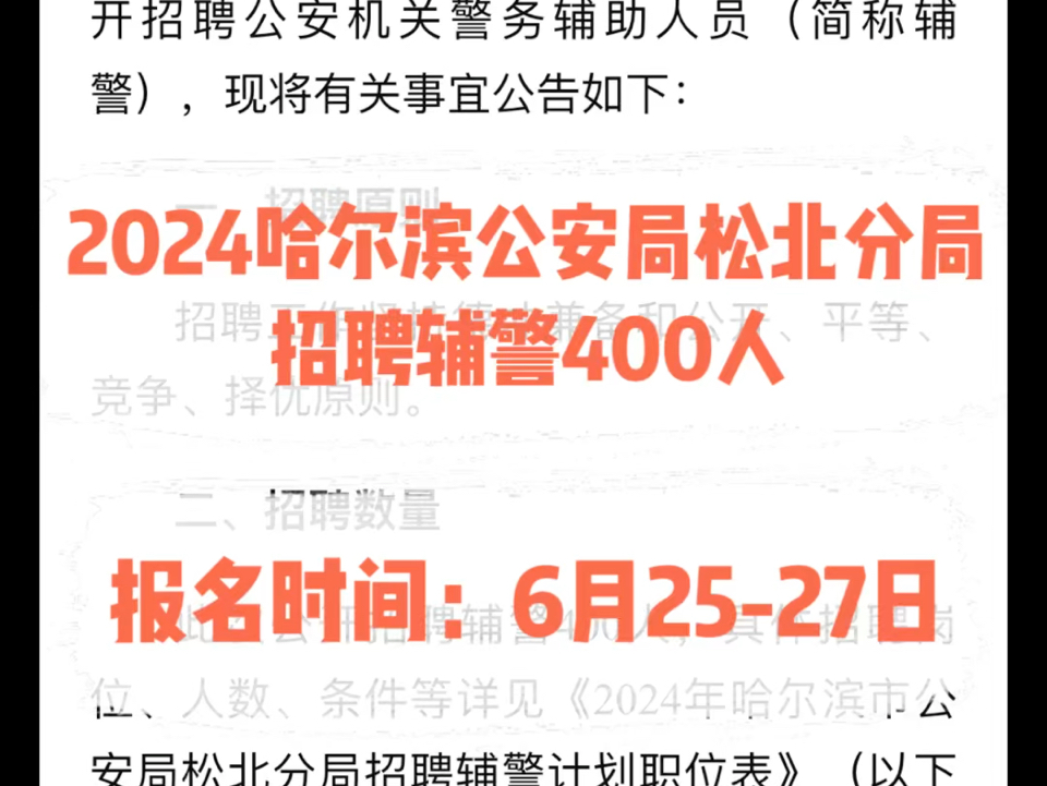 2024哈尔滨公安局松北分局招聘辅警400人.报名时间:6月2527日哔哩哔哩bilibili