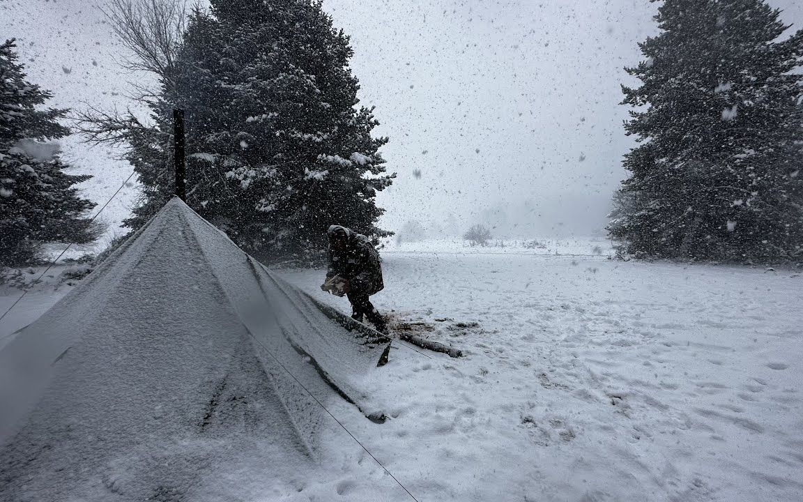与狗狗一起在暴风雪中冬季露营,雪,大风,恶劣天气