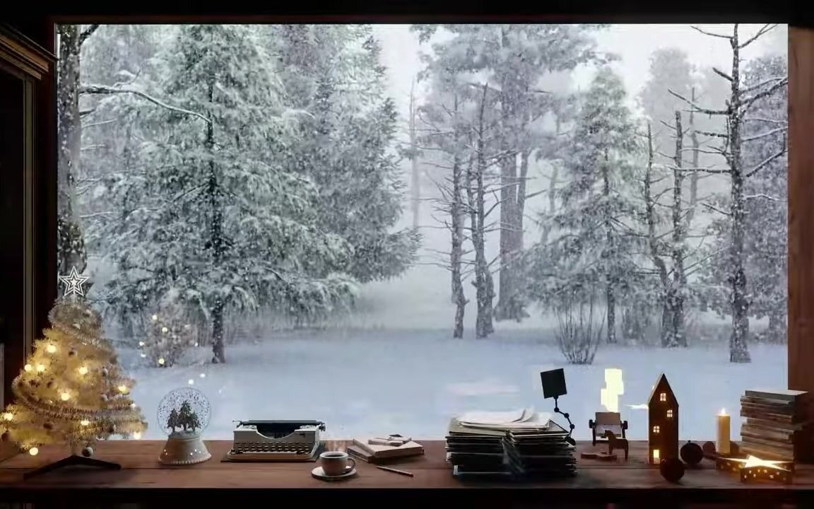 [图]?????????❄️温馨的白色圣诞节氛围｜书房木桌前的森林雪景｜8h｜壁炉声 落雪声｜白噪音 环境音