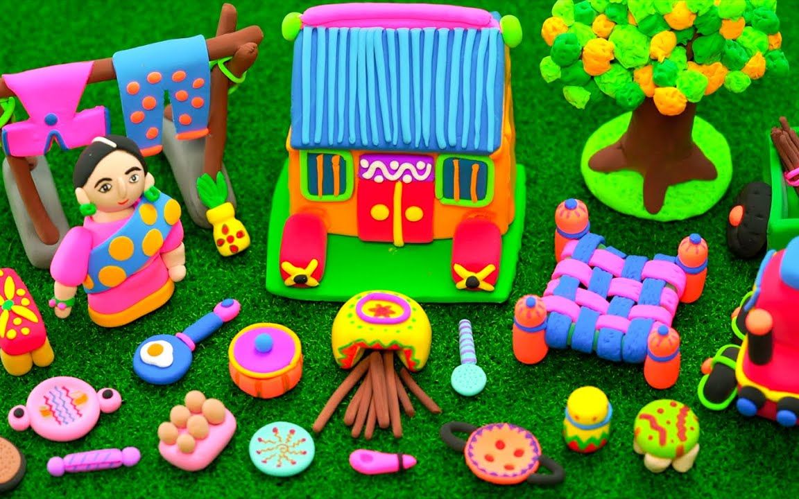 儿童益智手工diy如何制作粘土微型房子,洋娃娃,厨房设备,拖拉机,树