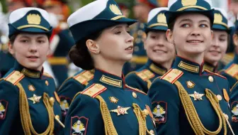 俄罗斯胜利日阅兵式上的女兵方队，伴随着《喀秋莎》的旋律正步迈过红场