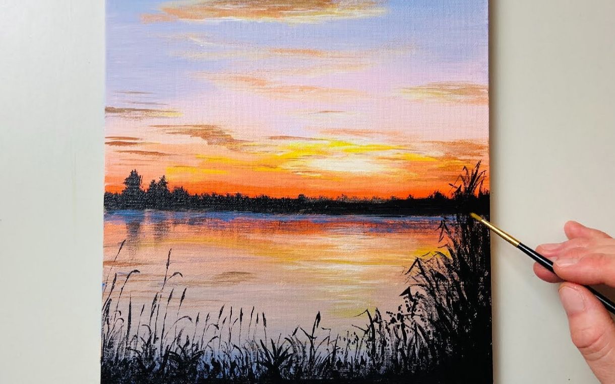 丙烯画新手向中字湖边日落sunsetonthelakepaintingacrylicpainting