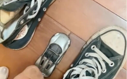 穿上丝袜准备出门,发现帆布鞋里小侄子的玩具车! 整无语啦