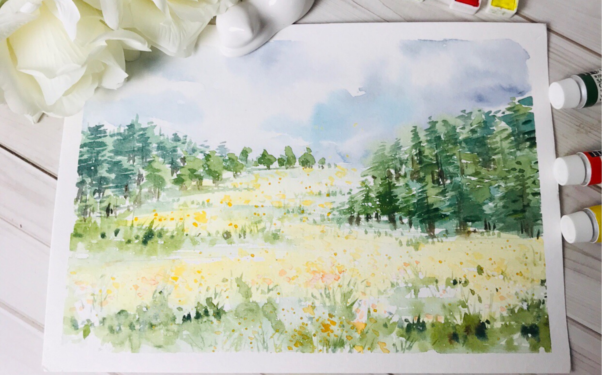 水彩风景系列花海春天如何画一张油菜花飘香的春日风景水彩风景示范