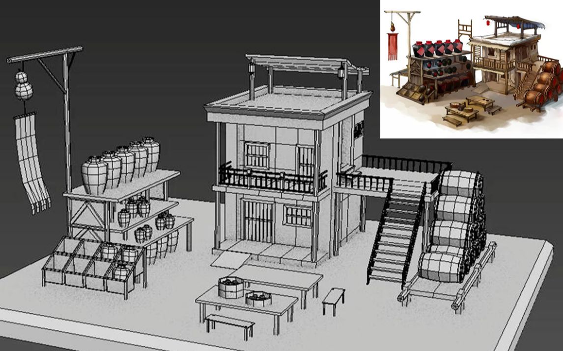 3DMAX场景教程:3D古风酒家场景建模基础教学讲解哔哩哔哩bilibili