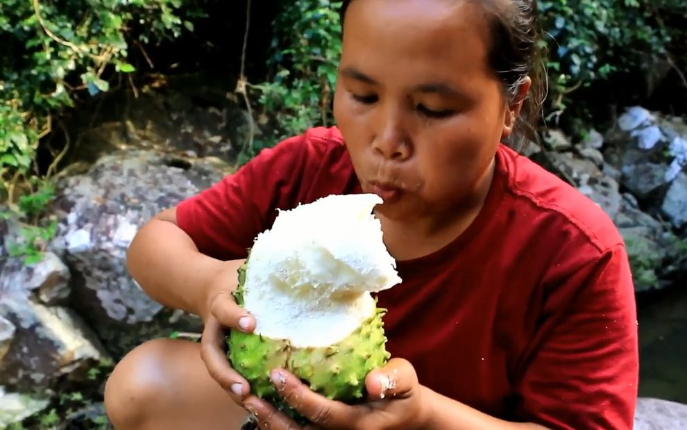 荒野美食:大妈吃的水果叫刺果番荔枝,听说像酸奶一样的口感哔哩哔哩bilibili