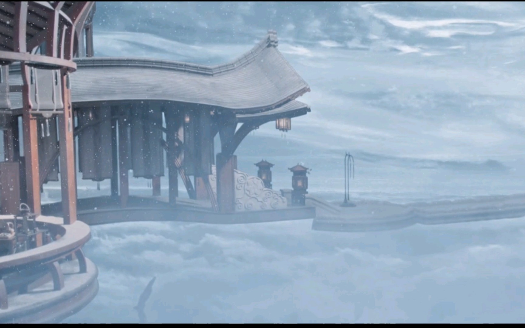 【古风空镜】下雪中的庭院空境,阳光照射红色枫叶,情侣双人舞剑,竹叶