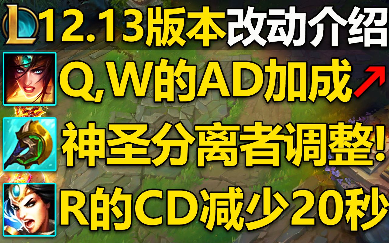 12.13版本介绍:神圣分离者效果调整!轮子妈后续改动介绍:Q,W的攻击力加成提高!大招CD降低,E改回0蓝耗!神圣分离者即将大改!电子竞技热门视频