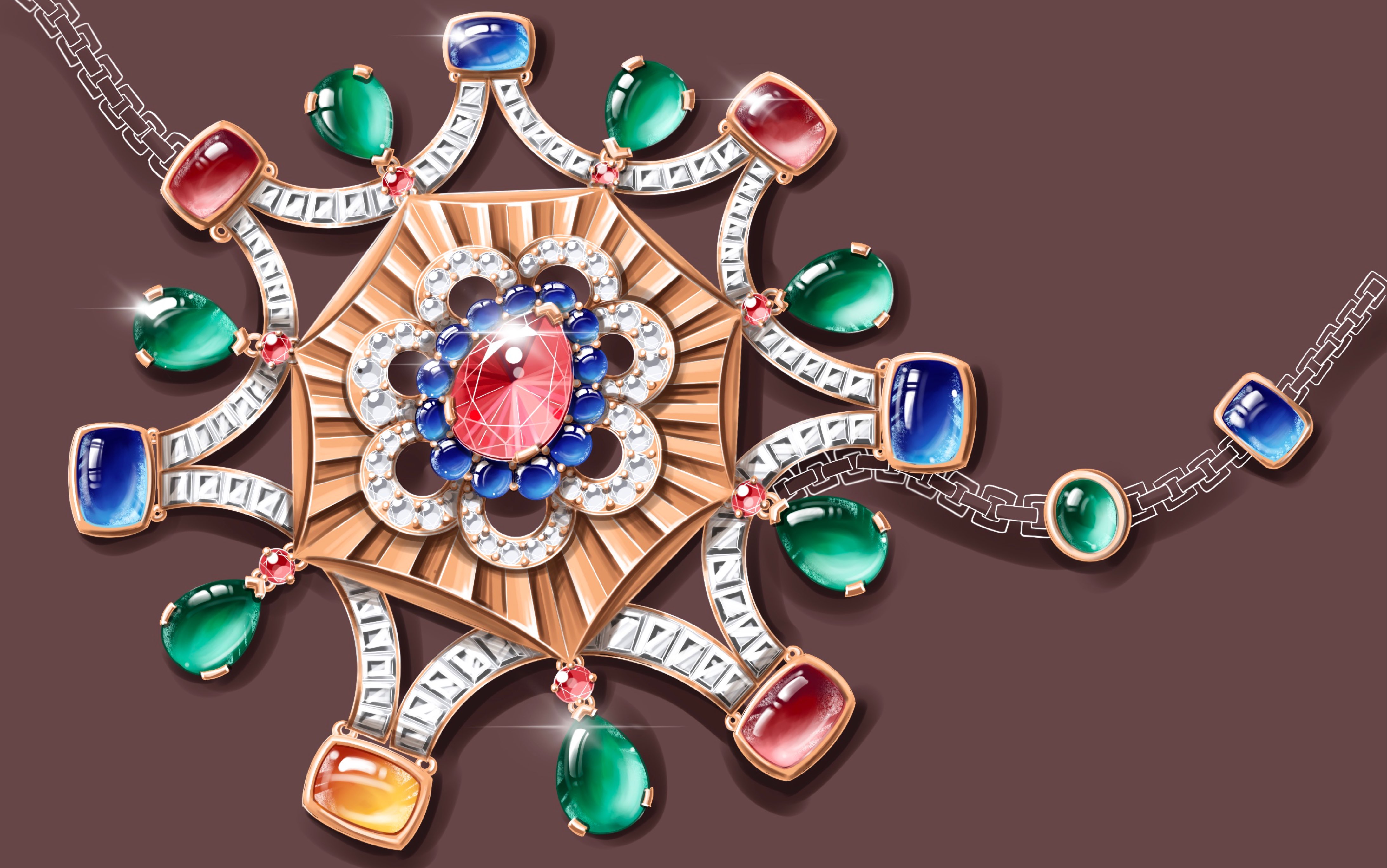 procreate大宝石红宝石蓝宝石祖母绿的宝格丽风格随机作画的珠宝设计