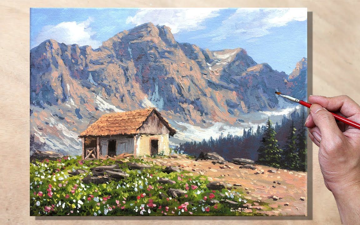 [图]【丙烯画】【绘画教程】【中字】山上的老房子-Old House in the Mountain Landscape