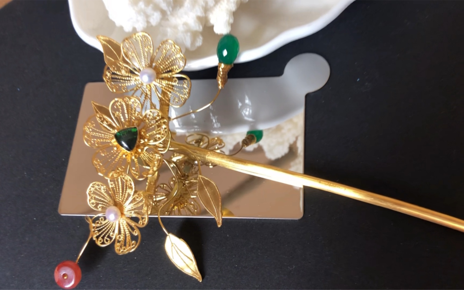 纯银镀金花丝镶嵌斑彩石发簪