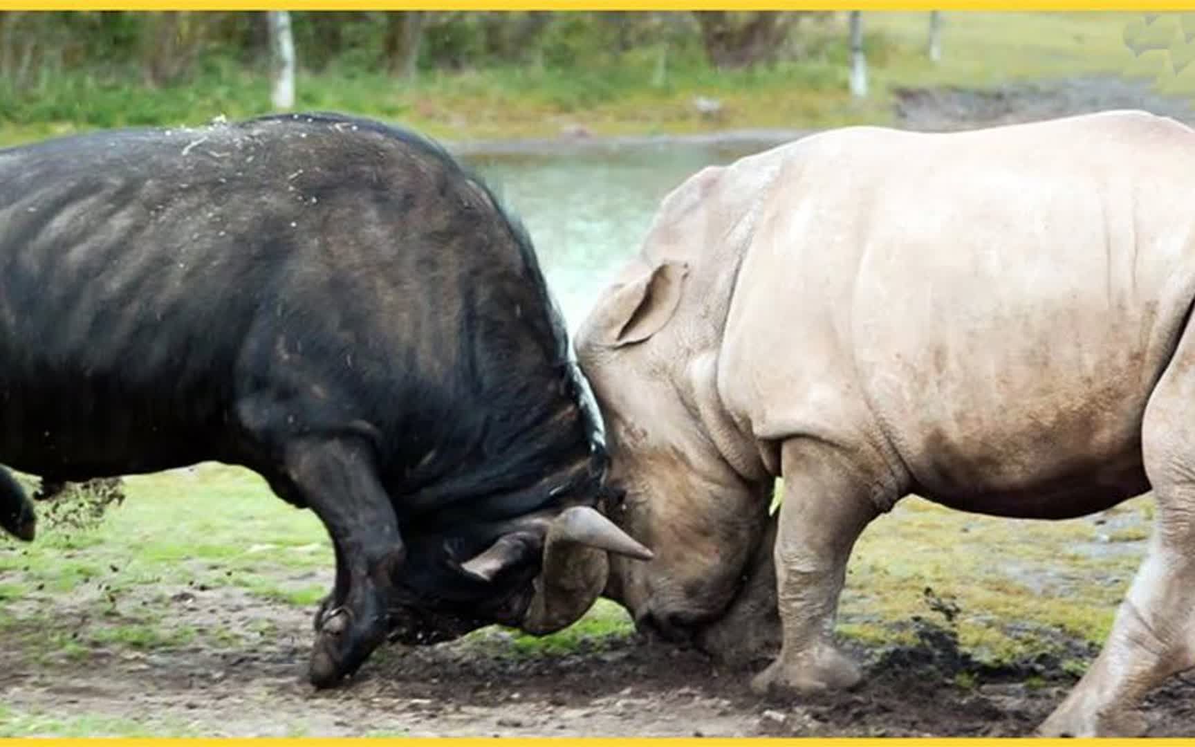 野生水牛与犀牛交战:巨兽之间不妥协的搏斗,动物之间的生存之战