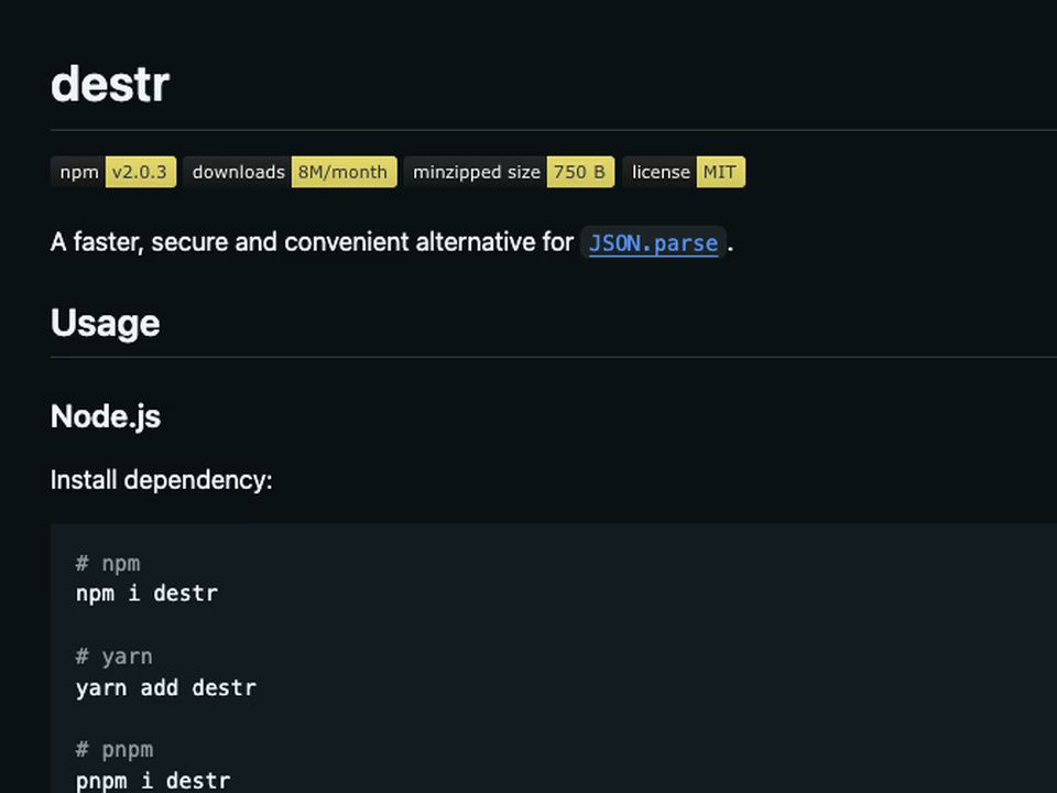 destr 更快、更安全且更方便的 JSON.parse 替代方案,用于处理任意输入哔哩哔哩bilibili