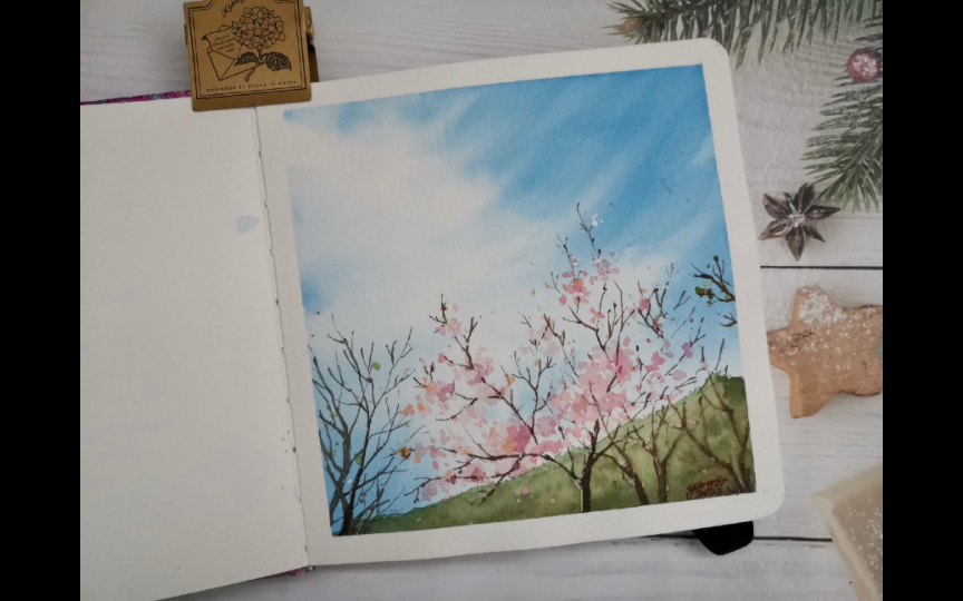 水彩手绘 山间杏花香