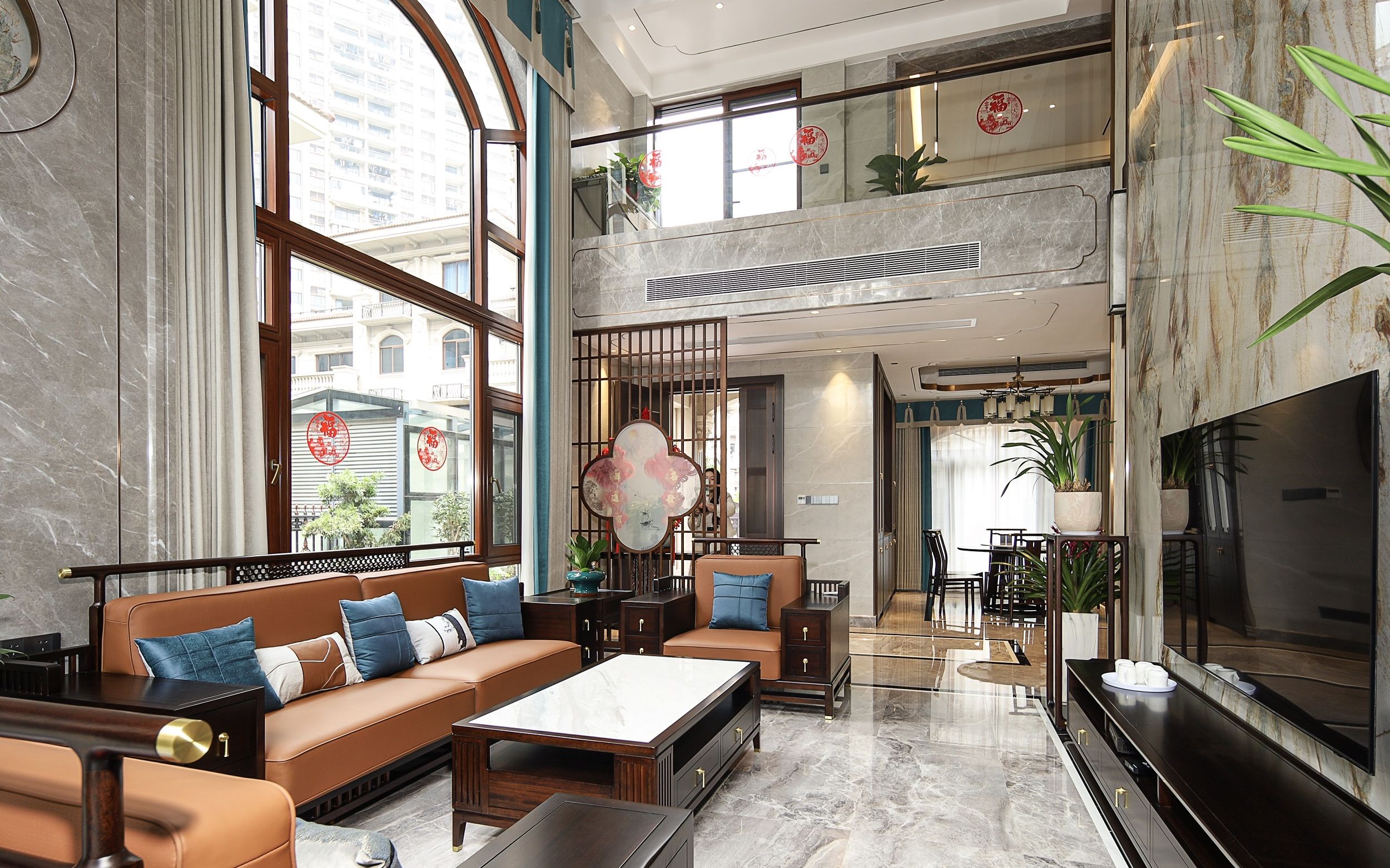 430平轻奢新中式别墅,客厅挑空设计,大气高级又不乏东方韵味,别墅装修