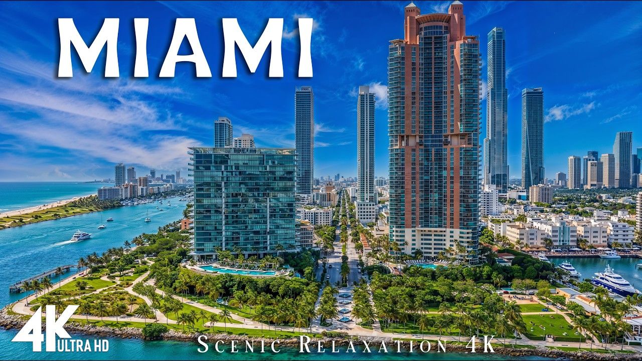 飞越迈阿密 (4K 超高清) 舒缓的钢琴音乐，搭配迷人的海滩和天际线