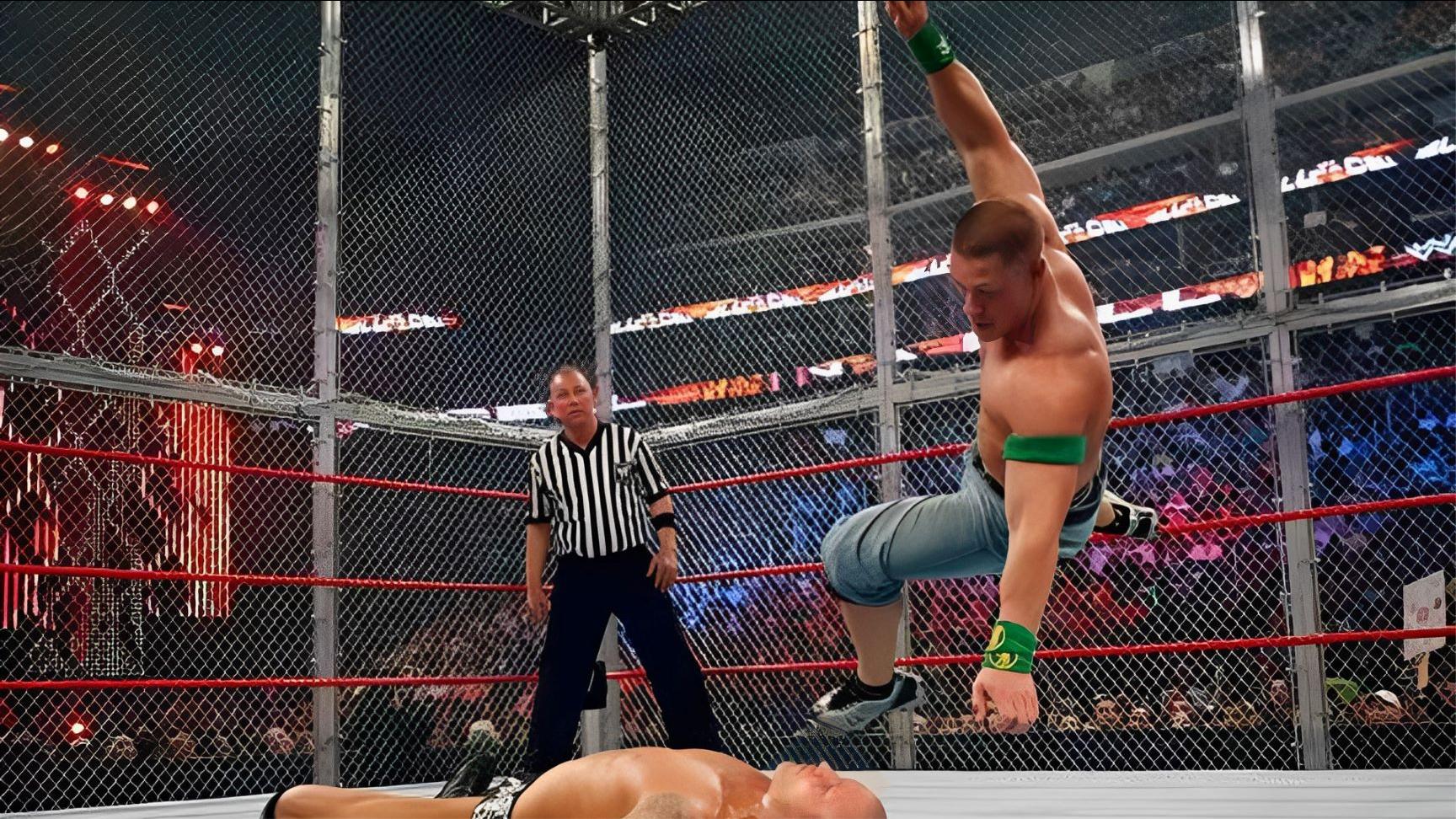 兰迪奥顿比赛开始后想逃跑,约翰塞纳被按在铁笼