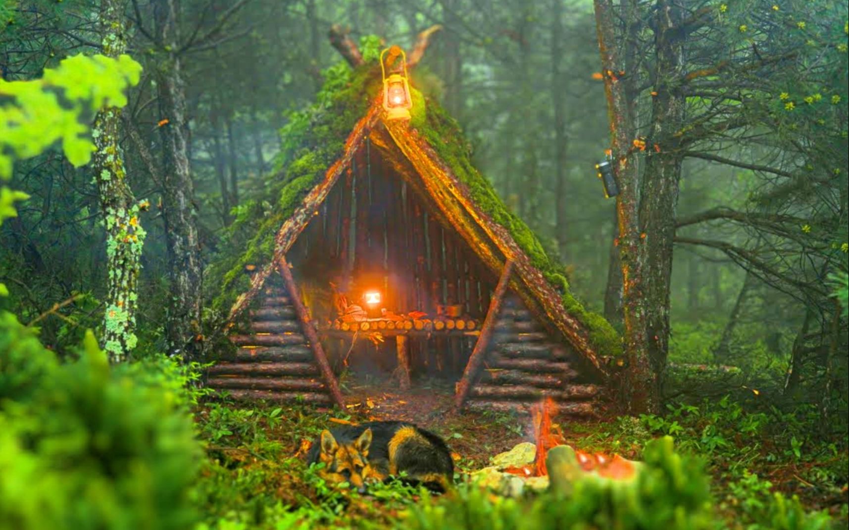 带上我的狗爬上荒无人烟的森林,用树枝简单搭建庇护所,篝火入睡还一点