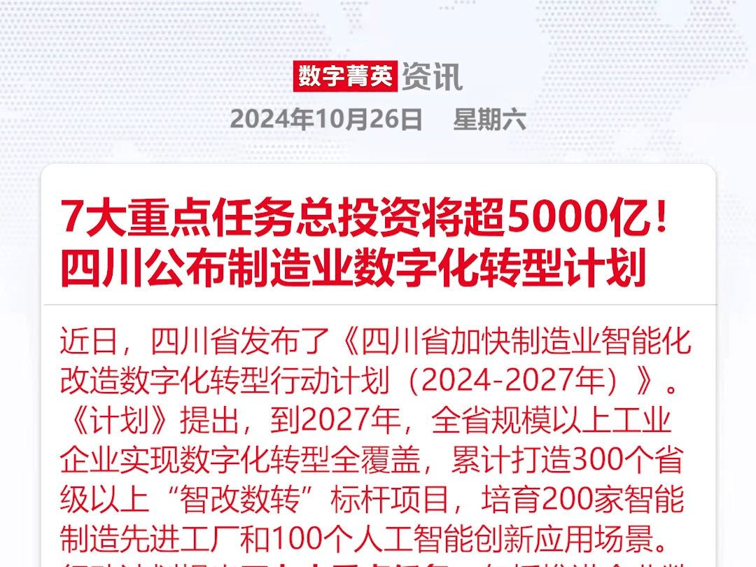 7大重点任务总投资超5000亿!四川公布制造业数字化转型计划哔哩哔哩bilibili