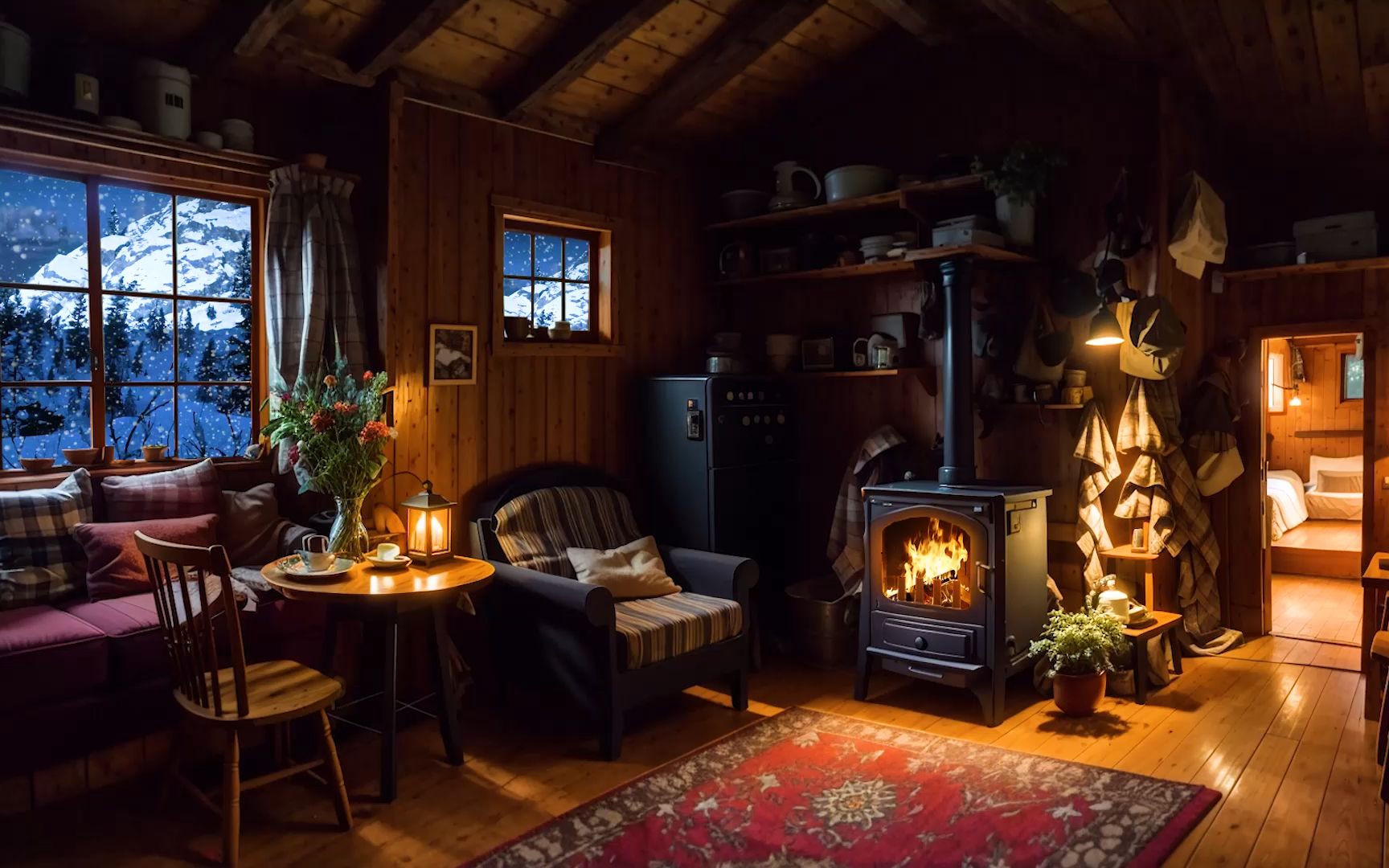 雪山脚下温馨小木屋氛围丨在舒适木屋里伴随着温暖的壁炉燃烧入睡