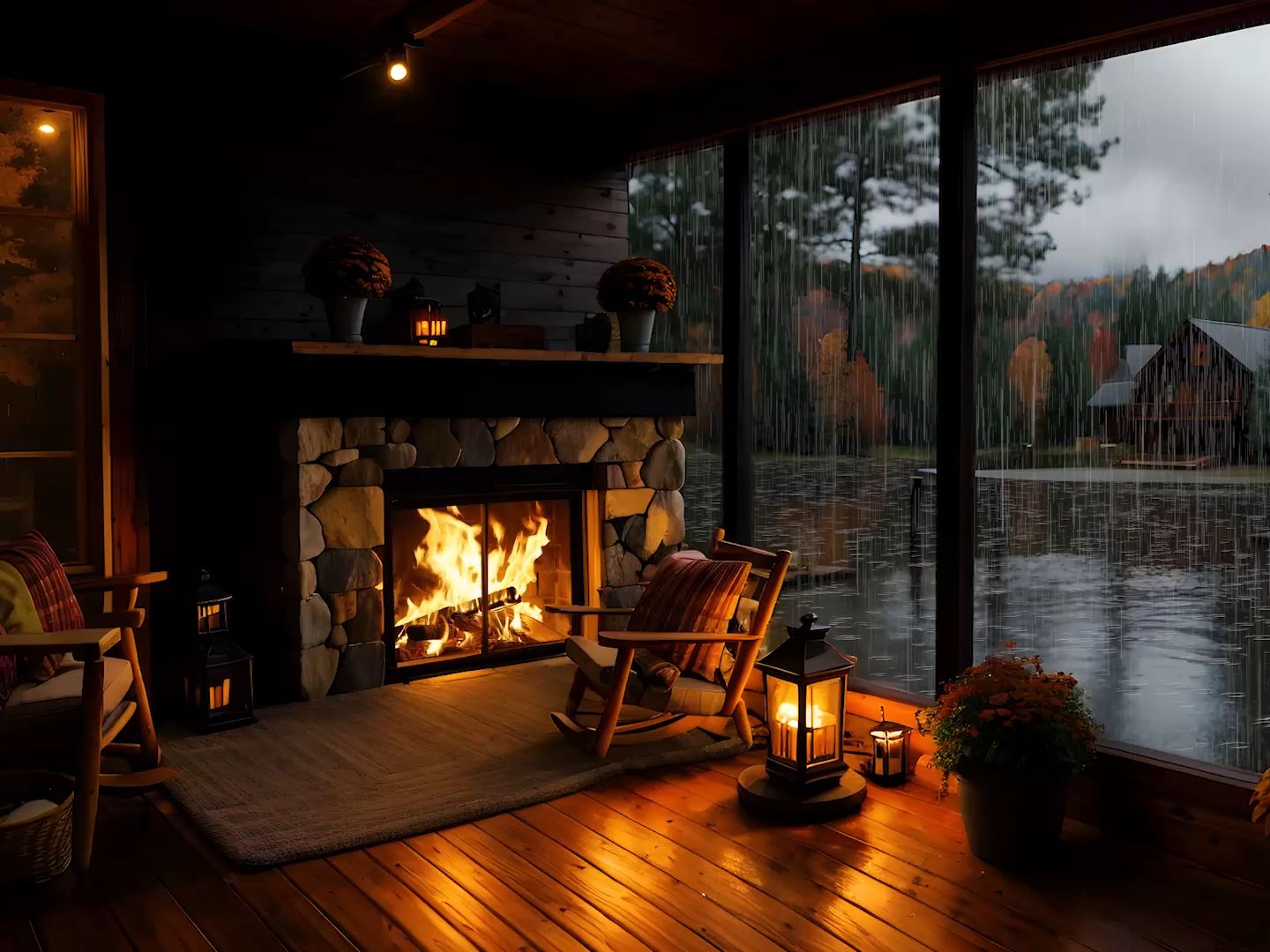 舒适的秋雨,伴随着温暖的壁炉燃烧声,在湖边的小屋里放松入睡,学习,白